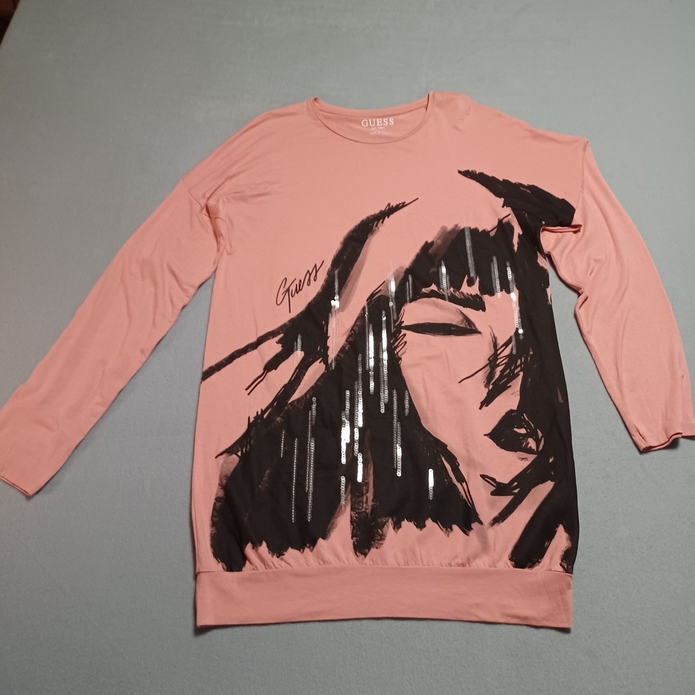 GUESS Womens Pink Sequin Graphic Face Long Sleeve Top J2YI17 KAP00‎ Sz 16